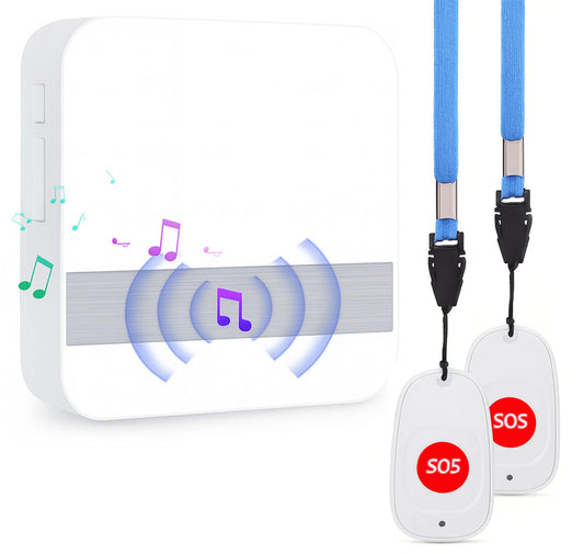 PANCA Wireless Call Button for Elderly | Emergency Caregiver Pager System with Neck Pendant &amp; Portable Alert Button | Seniors Safety Medical Alert System (2 Call Buttons + 1 Receiver, 100M Range)