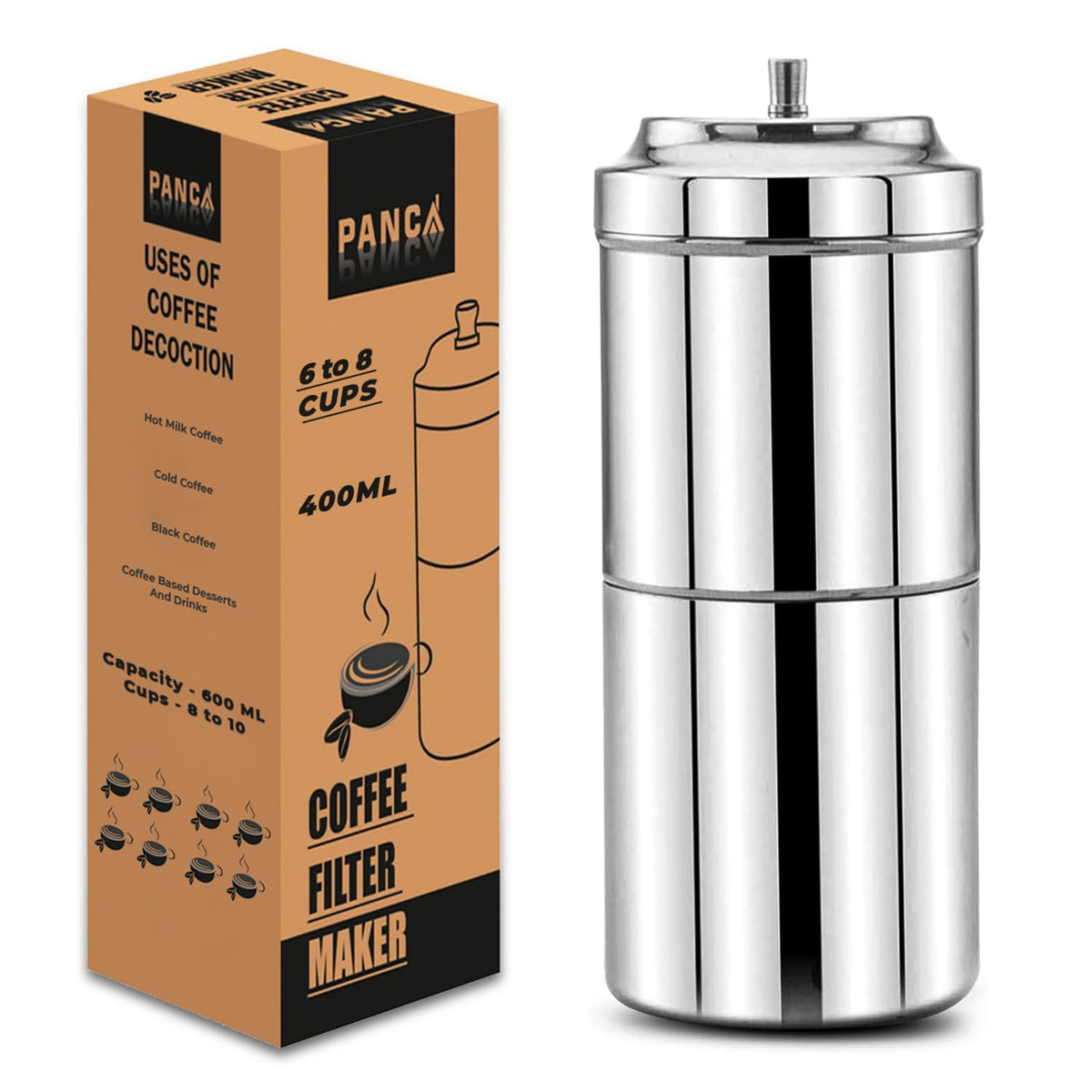 PANCA South Indian Filter Coffee Maker | Traditional Drip Coffee Decoction Maker for Hot &amp; Cold Coffee (400ML Steel)