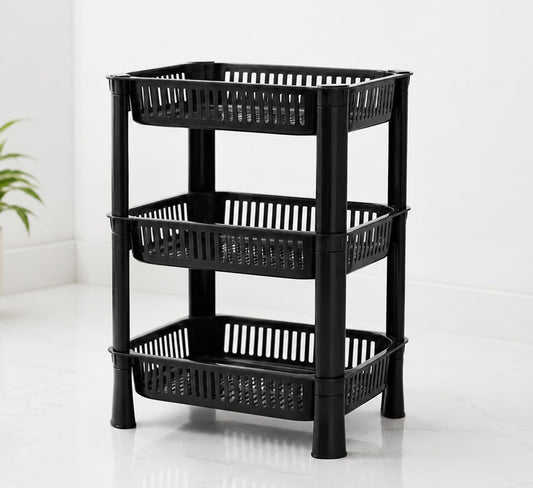 PANCA 3 Layer Storage Rack Organizer for Home Use | Multipurpose Fruit &amp; Vegetable Basket Stand for Onion, Potato, Grocery &amp; Pantry Storage | Space Saving Home Utility Shelf Rack (Black)