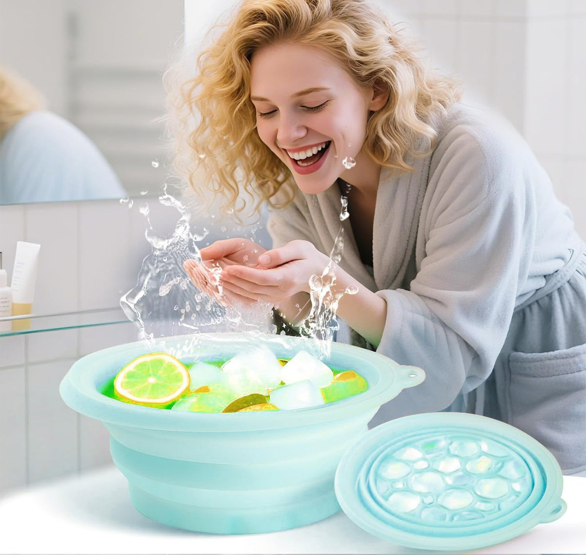 PANCA Foldable Silicone Face Bowl with Built-in Ice Tray | Portable Ice Facial Bowl for Home Ice Baths &amp; Skin Therapy (Blue)
