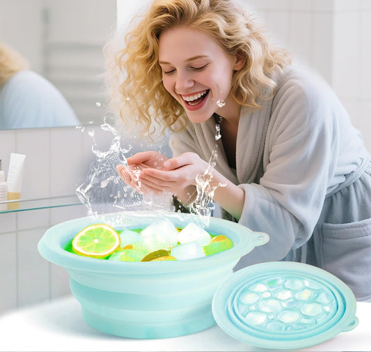 PANCA Foldable Silicone Face Bowl with Built-in Ice Tray | Portable Ice Facial Bowl for Home Ice Baths &amp; Skin Therapy (Blue)
