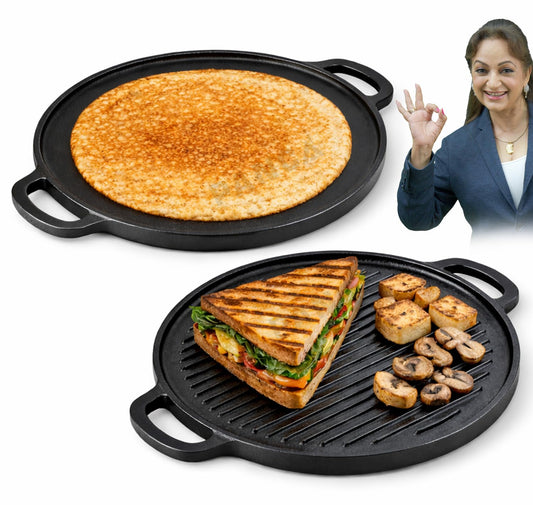 PANCA Pre-Seasoned Cast Iron Dosa Tawa 30 cm | Heavy Roti/Chapati Tawa for Gas &amp; Induction | Chemical-Free, Naturally Non-Stick Pan (2 in 1 Grill Tawa)