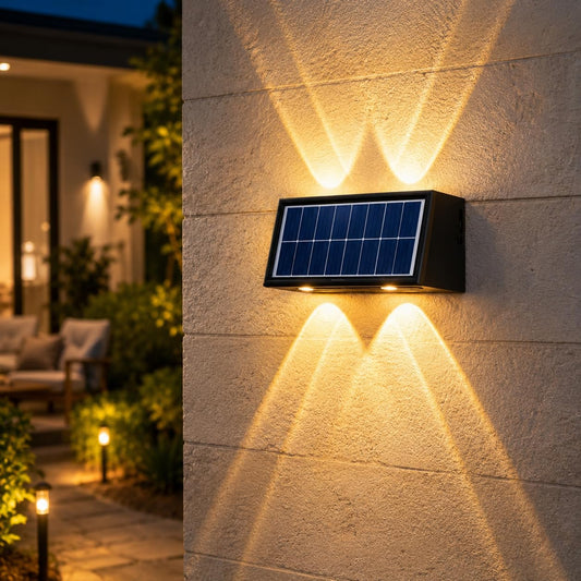 PANCA 6W Solar Wall Lights Outdoor Waterproof IP65, Warm White Up Down LED Wall Lamp with 1200mAh Battery, Auto On/Off Dusk to Dawn Solar Light for Garden Fence Gate Patio Balcony Pathway