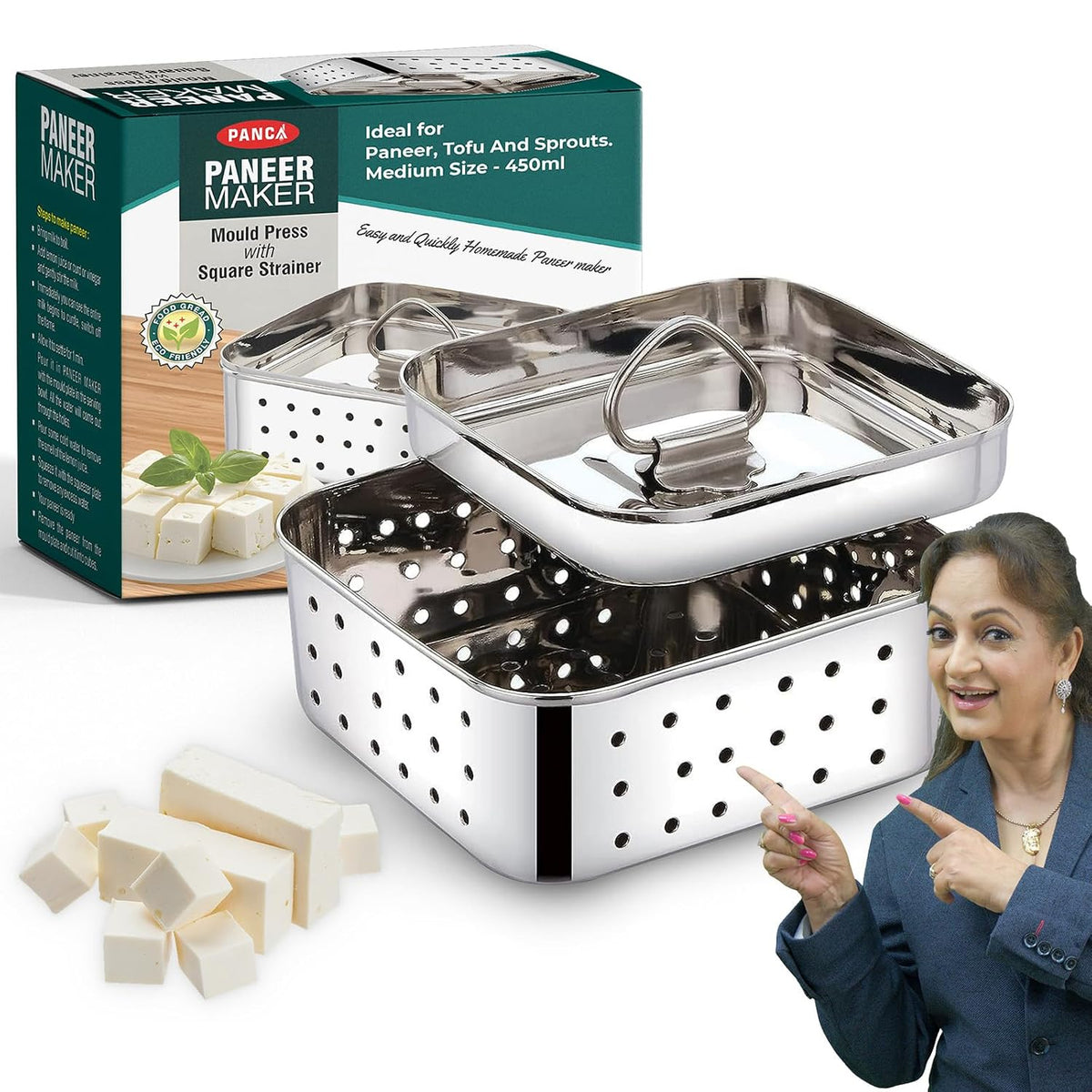 PANCA Stainless Steel Paneer Maker Mould with Lid | Paneer Press &amp; Tofu Press for Homemade Paneer, Tofu &amp; Cheese Making | 450ml Square Mould