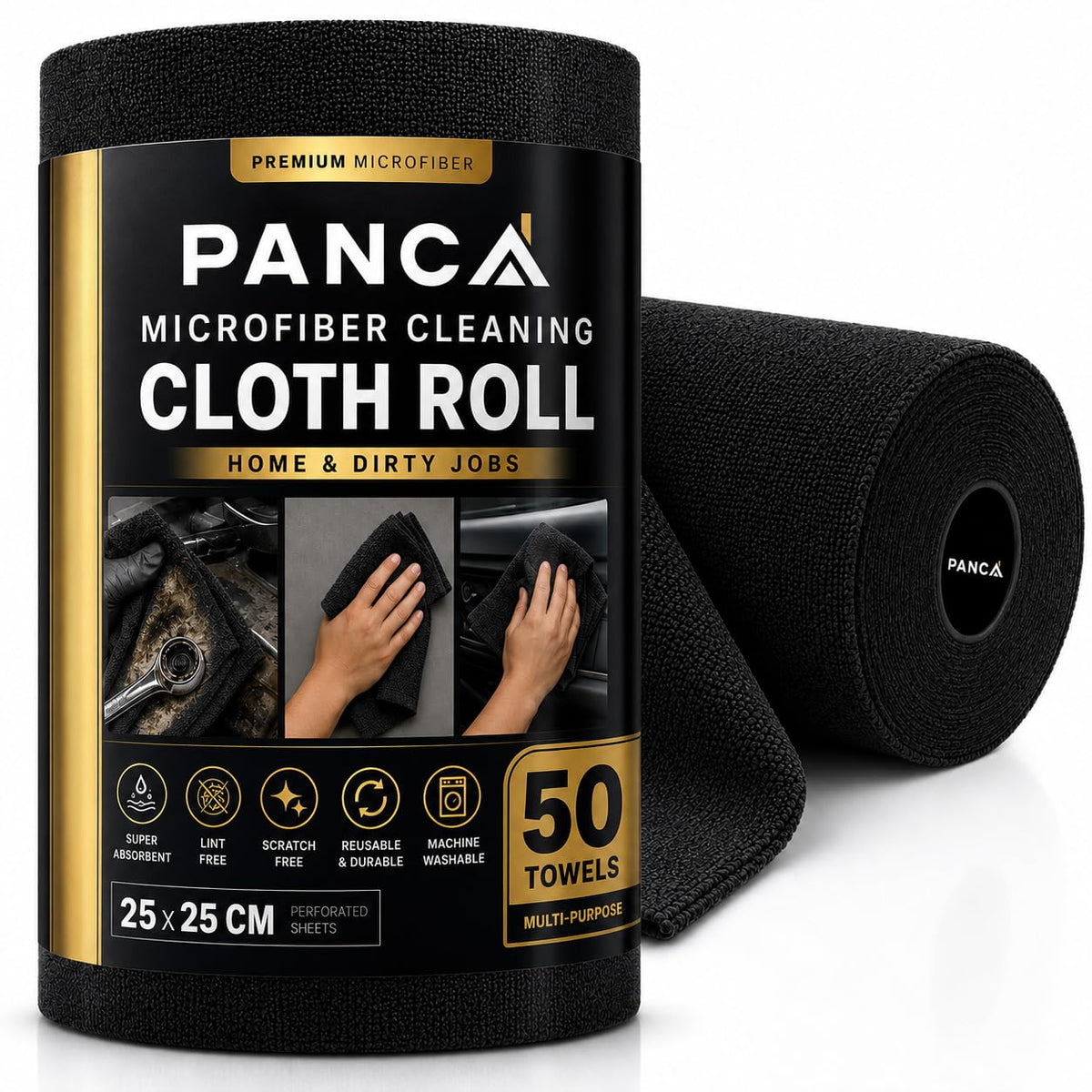 PANCA Microfiber Cleaning Cloth Roll, 50Pcs, 4000 Times Washable - 10X More Reusable Than Paper Kitchen Towel Roll - Ultra Absorbent Lint Free Microfiber Cleaning Cloth for Kitchen, Car &amp; Home (Black)