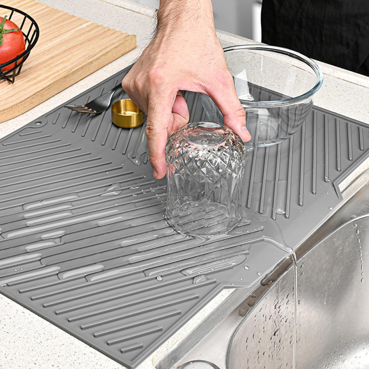 PANCA Silicone Dish Drying Mat for Kitchen | Large Utensil Drying Organizer Mat with Built-in Drain Lip | Anti-Slip, Heat Resistant Countertop Protector for Sink (Big Size)