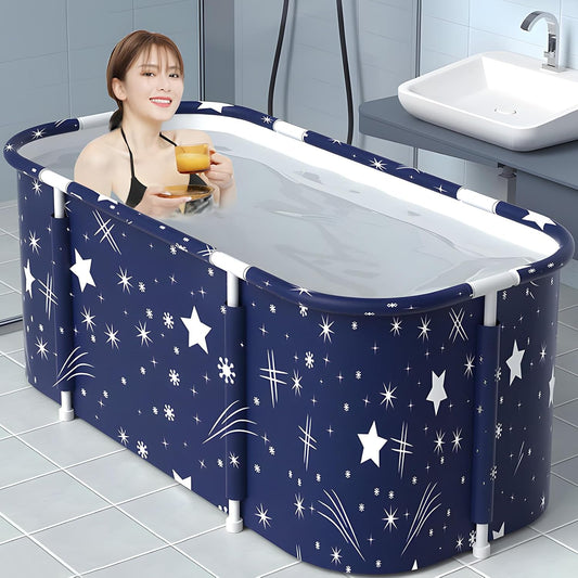 PANCA Portable Bath Tub for Adults | Foldable SPA Bathtub with Drainage Hole, Thick Insulated Design for Hot &amp; Cold Water (Blue Star Rectangular)