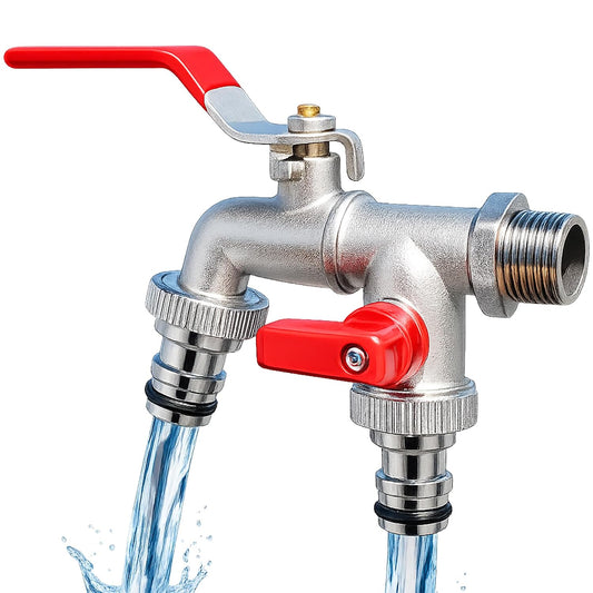 PANCA 1/2 Inch Dual Outlet Garden Faucet Splitter | Heavy Duty Double Valve Water Tap with Individual Flow Control | Zinc Alloy Bib Cock Connector for Garden, Kitchen &amp; Bathroom (Red) (Red)