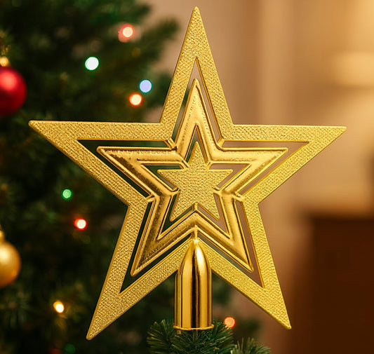 PANCA Golden Merry Christmas Star Topper for Xmas Tree | Glitter Star Christmas Tree Decoration Ornament | Festive Home Décor Props &amp; Gifts for Women, Men &amp; Kids | Holiday Party Decoration Item