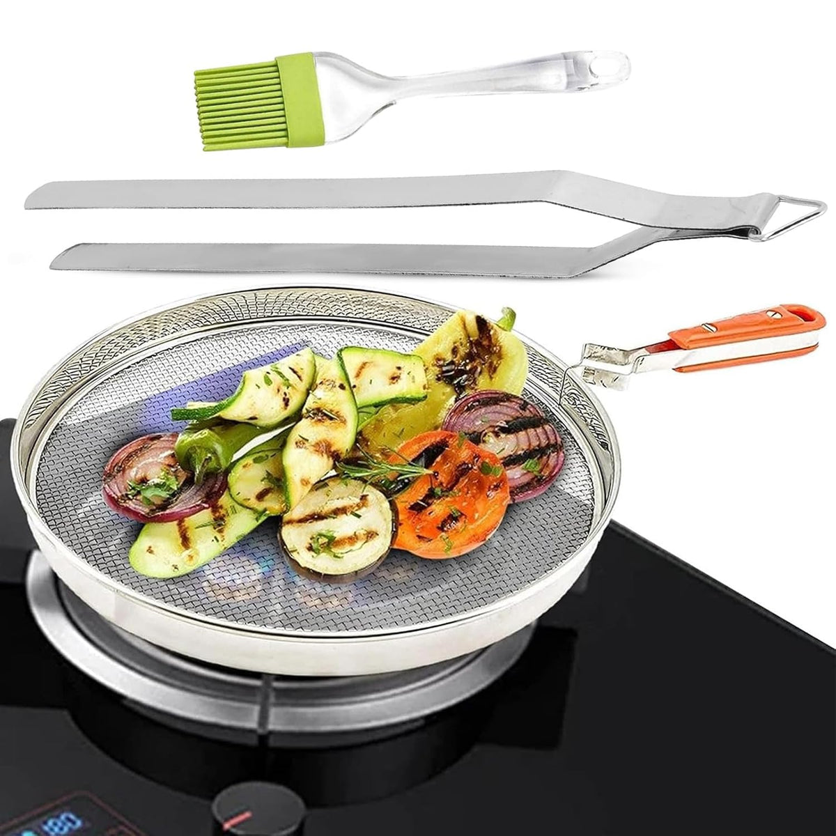 PANCA Papad Roaster with Tong and Spatula, Phukla Grill for Gas Stove and Stainless Steel Chimta,Roti Jali for Kitchen Cooking, Barbeque Grill, Brinjal Roaster,Steel Mesh Griller (3 Piece Set)