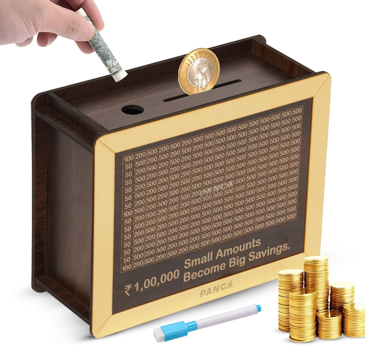 PANCA Money Saving Piggy Box Wooden Coin Box with Pen for Kids &amp; Adults Wooden Coin Box, Piggy Bank Money Saver with Numbers (Set of 1 with Pen, Brown)