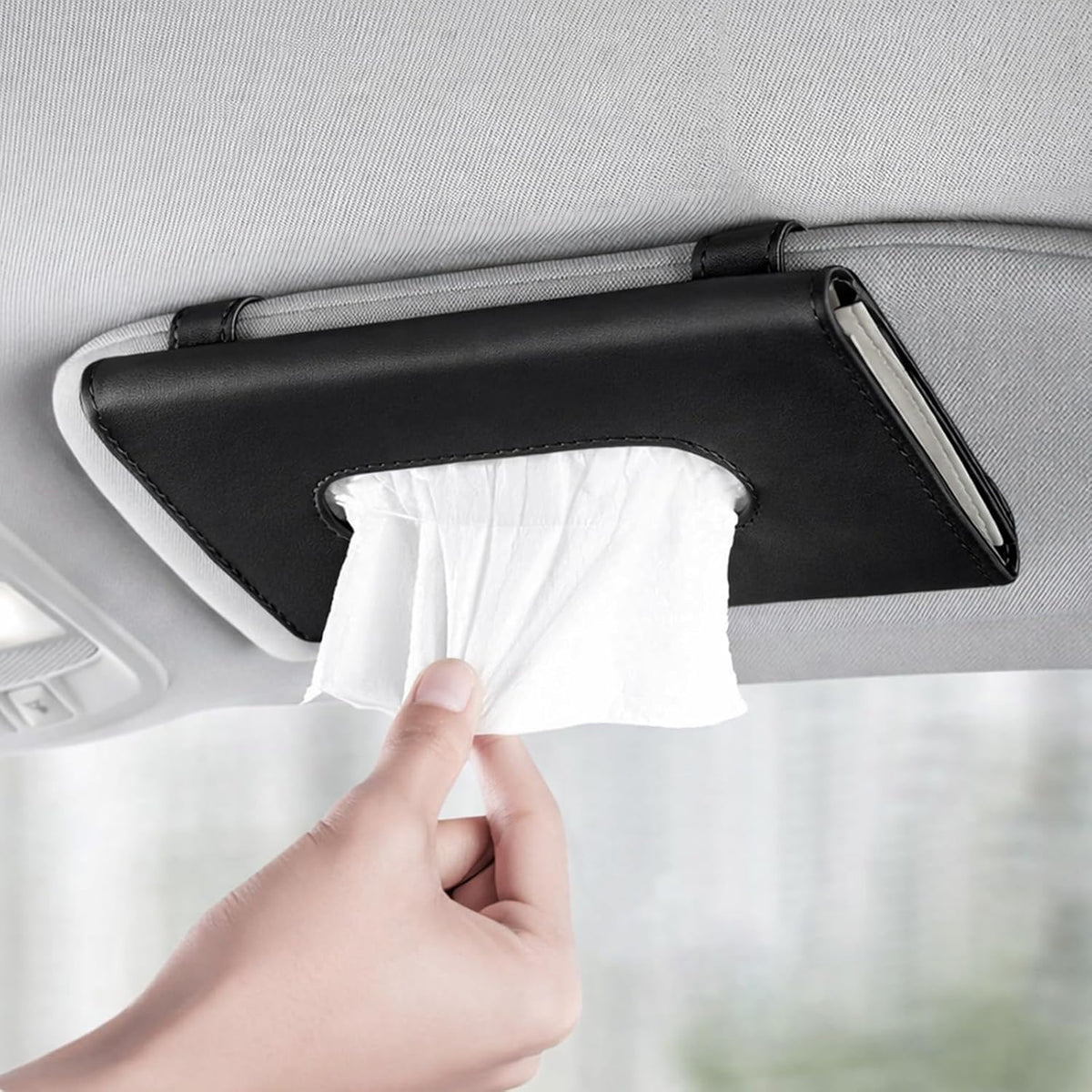 PANCA Car Tissue Holder for Sun Visor | PU Leather Refillable Napkin Box for Dashboard, Seatback &amp; Door | Hanging Car Tissue Paper Holder &amp; Interior Organizer (Black)