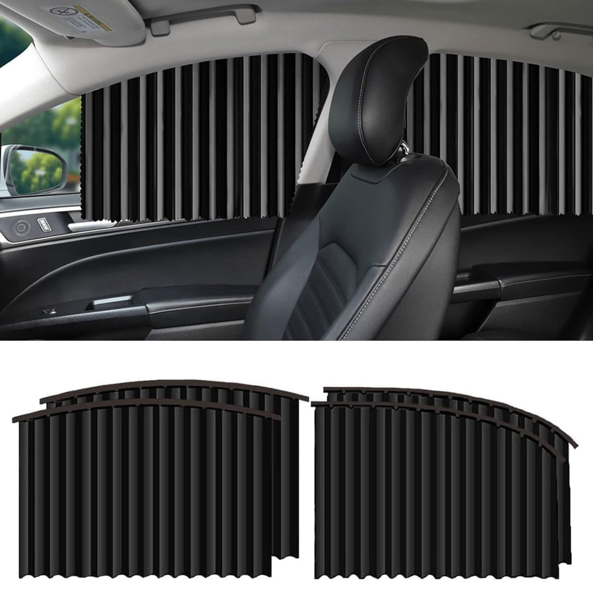 PANCA 4 Pcs Universal Magnetic Car Window Curtains | Foldable Side Window Sunshade with Privacy Protection | Removable Pleated Car Curtains for UV Protection &amp; Heat Reduction | Fits Most Cars (Black)