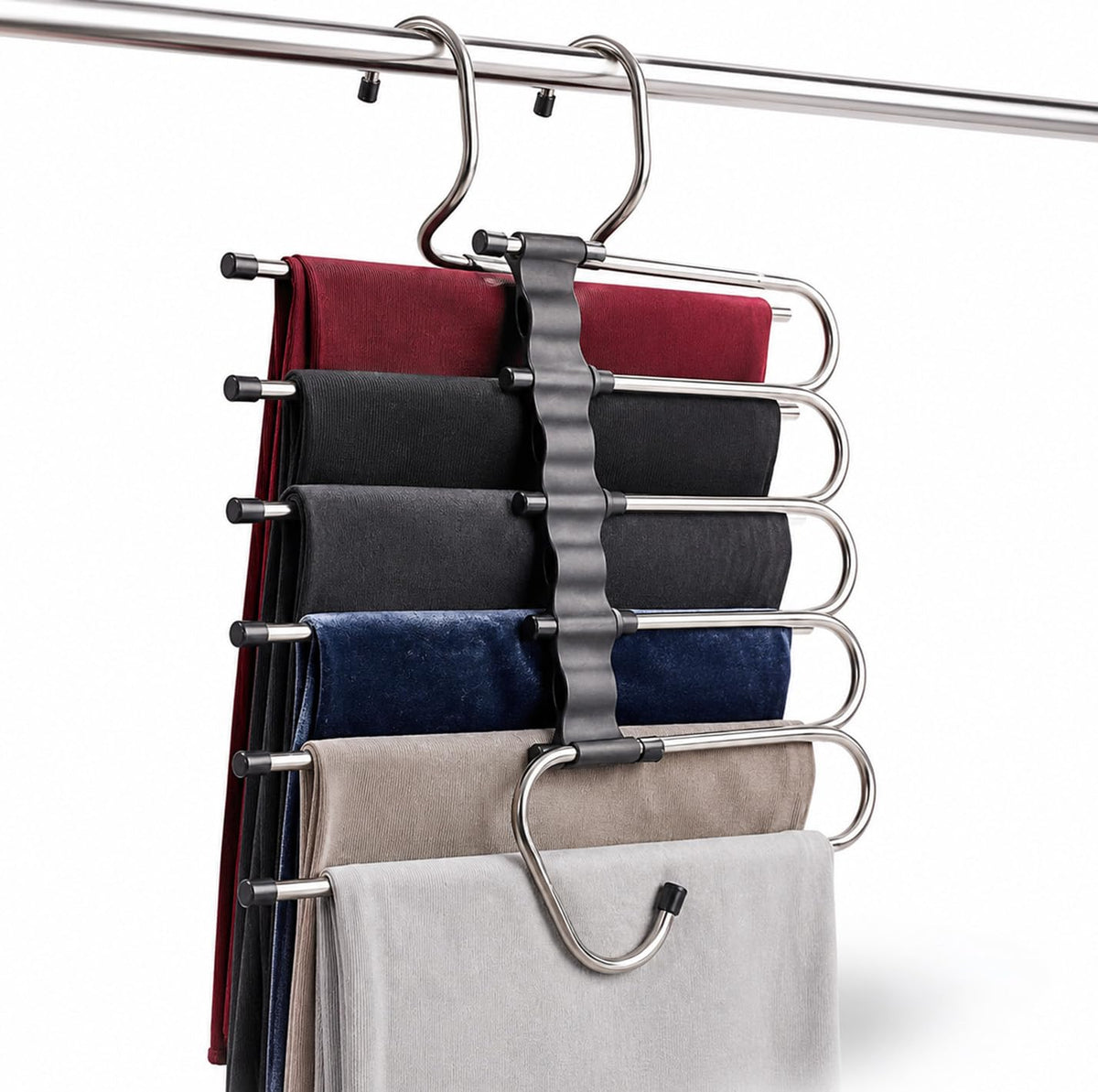 PANCA (Pack of 1) 5 in 1 Stainless Steel Foldable Hangers for Clothes Hanging Multi Layer Pant Hanger for Wardrobe Magic Foldable Clothes Hanger for Jeans Saree Shirts Closet Organizer