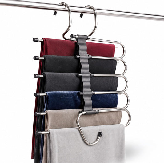 PANCA (Pack of 1) 5 in 1 Stainless Steel Foldable Hangers for Clothes Hanging Multi Layer Pant Hanger for Wardrobe Magic Foldable Clothes Hanger for Jeans Saree Shirts Closet Organizer