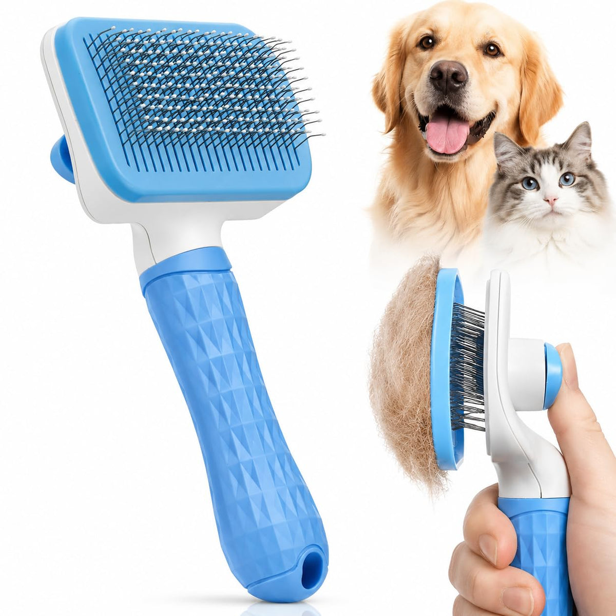 PANCA Self Cleaning Slicker Pet Grooming Brush for Dogs &amp; Cats | Pet Hair Remover Brush with One-Click Hair Release | Stainless Steel Pins | Deshedding, Detangling &amp; Massage Comb | Blue