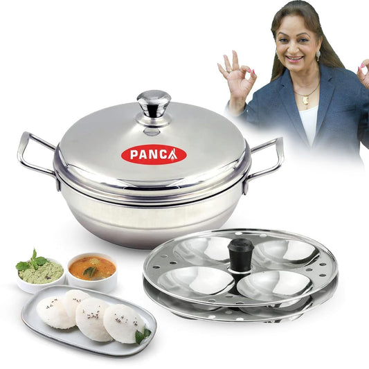 PANCA Stainless Steel Multi Purpose Kadai with Steel Lid, Idli Maker 2 Idli Plate 8 Cavity Idli Cooker Stainless Steel Idly Pot with Steamer (2 Plate 8 Cavity)