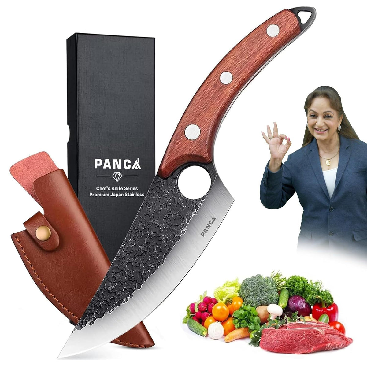 PANCA Premium 8 Inch Chef's Knife – Ultra Sharp High Carbon German Stainless Steel Blade | Ergonomic Wooden Handle | Forged Knife for Meat, Vegetables &amp; Home Kitchen