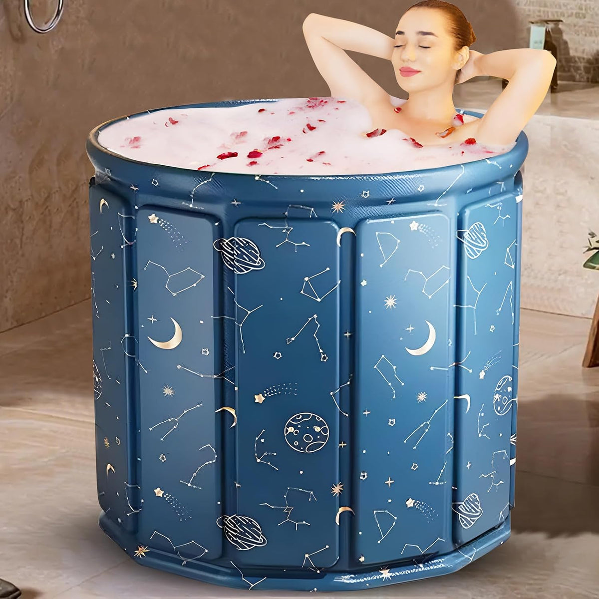 PANCA Portable Bath Tub for Adults | Foldable SPA Bathtub with Drainage Hole, Thick Insulated Design for Hot &amp; Cold Water (Blue Universe Round)