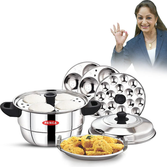 PANCA 15 Litre Stainless Steel Idli Maker | 5 Plate Idli Cooker with 12 Cavities Each | Idli Steamer, Dhokla Maker, Mini Idli Plate &amp; Multi-Purpose Idli Kadai Pot (5 Plate 12 Cavity Idli Cooker)