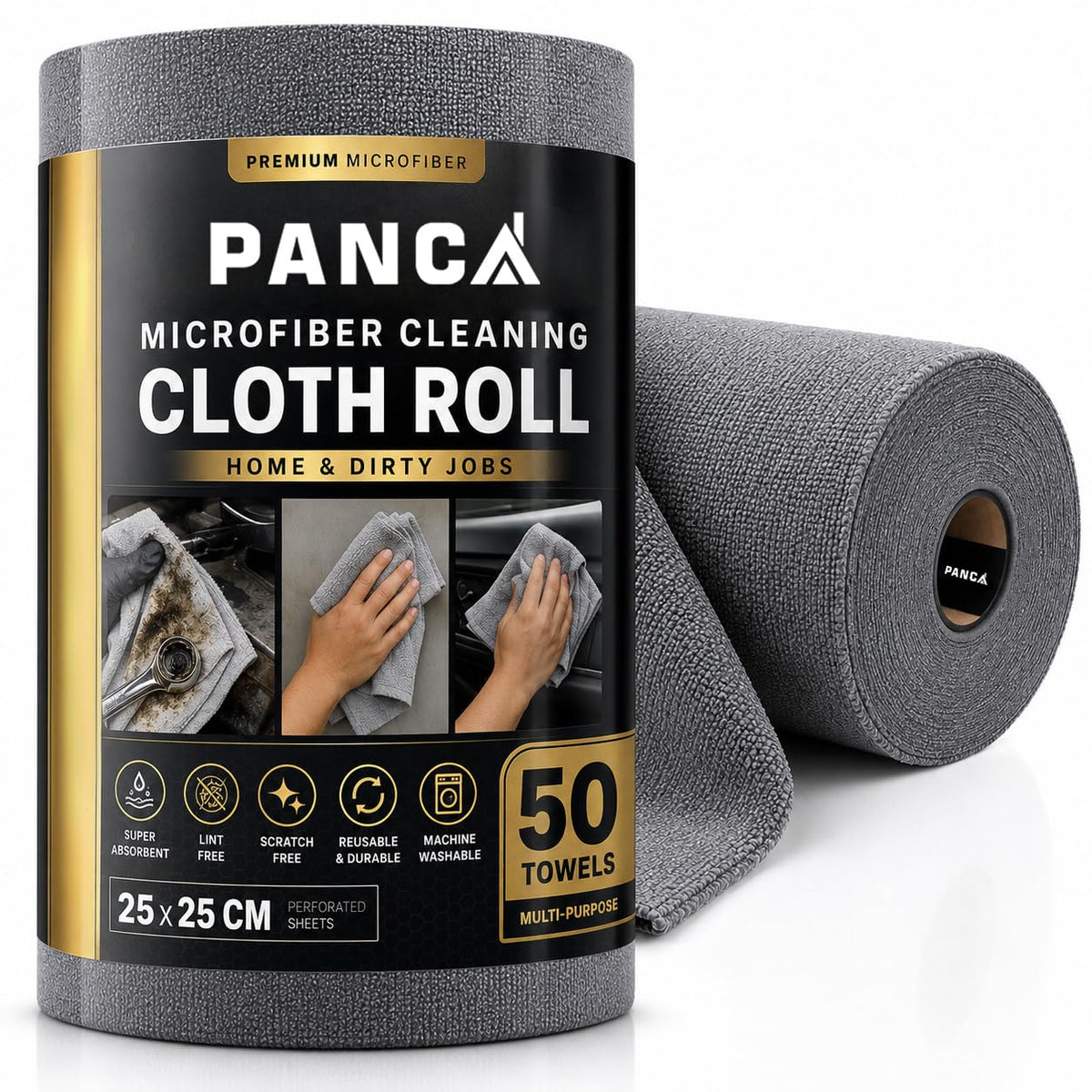PANCA Microfiber Cleaning Cloth Roll, 50 Pcs Reusable Washable Towels, Ultra Absorbent Lint Free Tear Away Cleaning Cloth for Kitchen Car Glass Screen Dusting Wiping Cloth Roll (Grey)