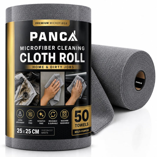 PANCA Microfiber Cleaning Cloth Roll, 50 Pcs Reusable Washable Towels, Ultra Absorbent Lint Free Tear Away Cleaning Cloth for Kitchen Car Glass Screen Dusting Wiping Cloth Roll (Grey)