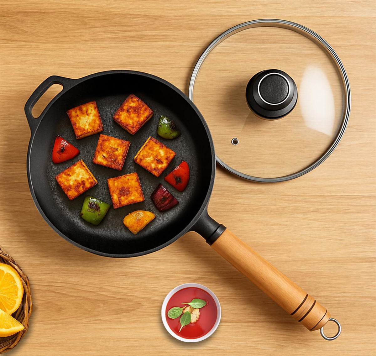 PANCA Cast Iron Fry Pan with Glass Lid, 24 cm Heavy Quality Multi-Purpose Non-Stick Frying Pan|Durable Layered Non-Stick Coating | Induction &amp; Gas Compatible | Ergonomic Wooden Handle for Easy Grip