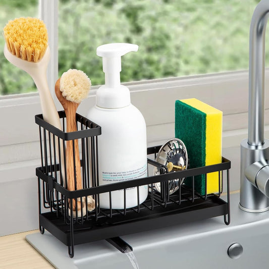 PANCA Kitchen Sink Organizer Rack | Soap &amp; Sponge Holder with Drainage | Kitchen Accessories | No-Drill Plastic Stand | Sink Counter Storage for Home &amp; Bathroom (Black)