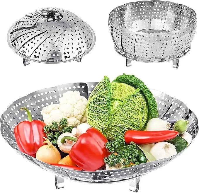 PANCA Stainless Steel Vegetable Steamer Basket | Expandable Steamer Insert for Cooking Vegetables, Fruits, Idli, Momos &amp; Salad | Multi-Purpose Food Steaming &amp; Draining Bowl for Pots &amp; Pans (Vegetable Steamer)