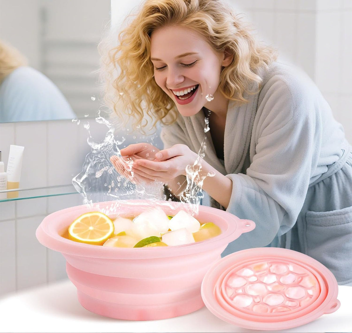 PANCA Foldable Silicone Face Bowl with Built-in Ice Tray | Portable Ice Facial Bowl for Home Ice Baths &amp; Skin Therapy (Pink)