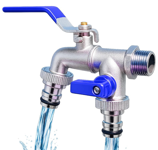 PANCA 1/2 Inch Dual Outlet Garden Faucet Splitter | Heavy Duty Double Valve Water Tap with Individual Flow Control | Zinc Alloy Bib Cock Connector for Garden, Kitchen &amp; Bathroom (Red) (Blue)
