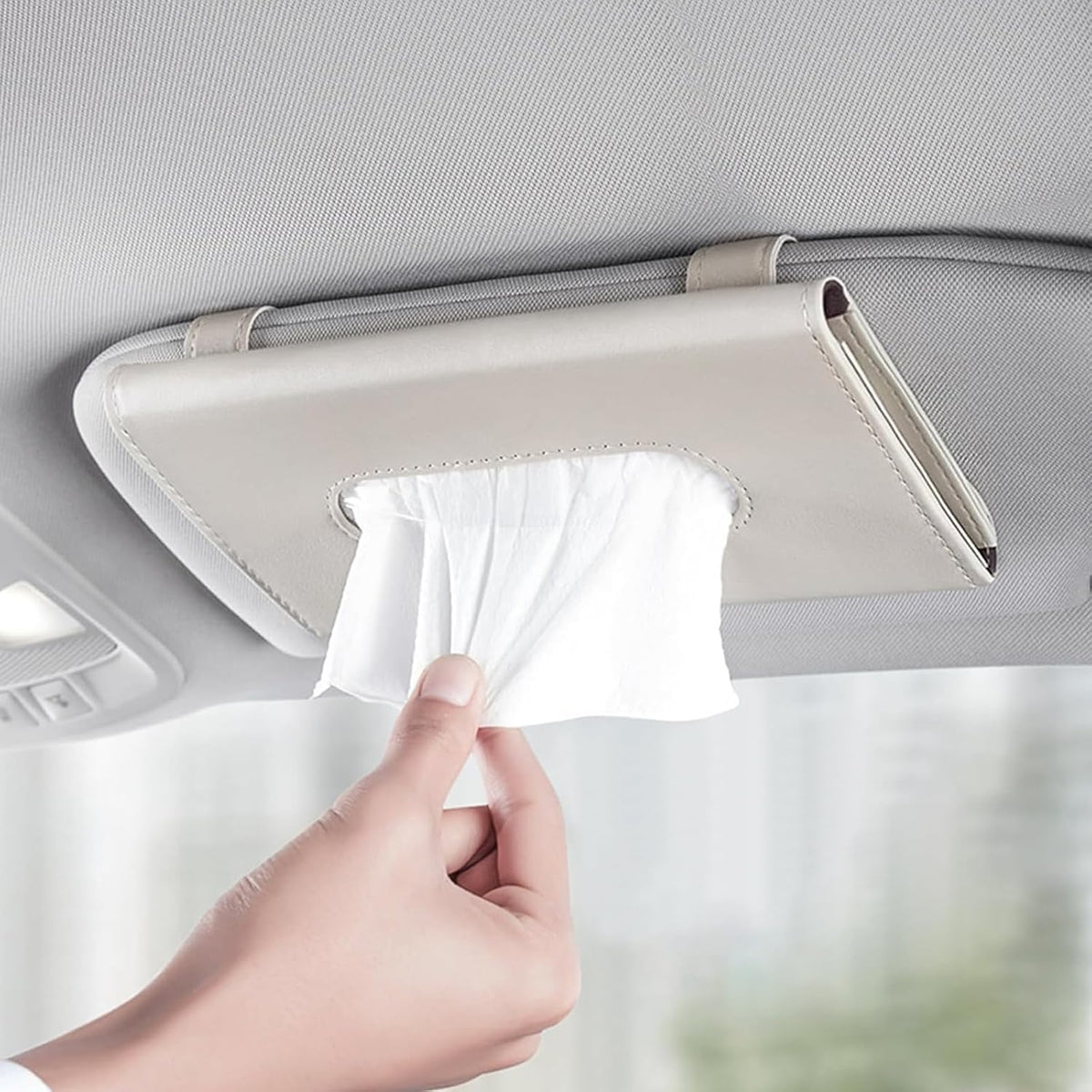PANCA Car Tissue Holder for Sun Visor | PU Leather Refillable Napkin Box for Dashboard, Seatback &amp; Door | Hanging Car Tissue Paper Holder &amp; Interior Organizer (White)