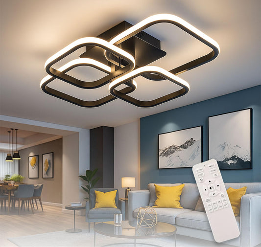 PANCA Modern Ceiling LED Light with Remote Control Color Mode LED Acrylic Minimalism Ceiling Lamps for Hall Living Room Office (4 Square LED Chandelier Black Ring 3 Color)