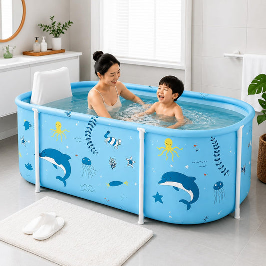 PANCA Portable Bath Tub for Adults | Foldable SPA Bathtub with Drainage Hole, Thick Insulated Design for Hot &amp; Cold Water (Sky Blue Fish Rectangular)