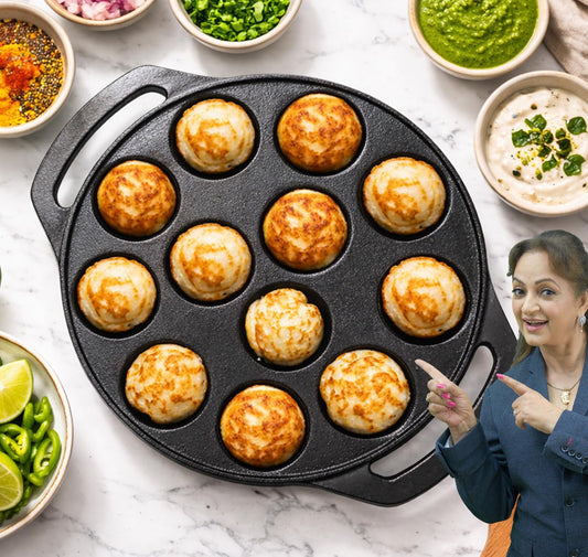 PANCA Pre Seasoned Heavy Duty Case Iron Appam Maker 12 Cavity Paniyaram Pan Appe Pan Gunta Kitchen Cookware Essentials (20cm, Set of 1)