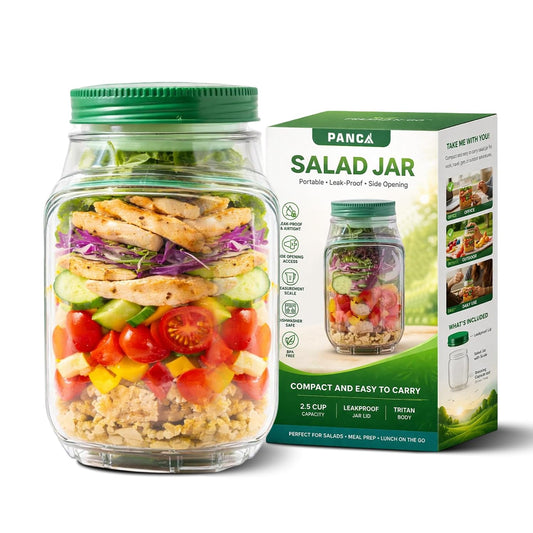 PANCA Portable Salad Jar Leakproof Container | Meal Prep &amp; Storage Bottle for Office Travel | Kitchen Accessories | Tritan 4.5 Cup Capacity Microwave Dishwasher Safe Jar with Lid