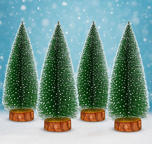 PANCA Mini Christmas Trees 10 cm | Snow Flocked Bottle Brush Pine Trees with Wooden Base | Tabletop Xmas Decoration for Home, Cake Table, Crafts, DIY Village &amp; Party Décor (Set of 4)