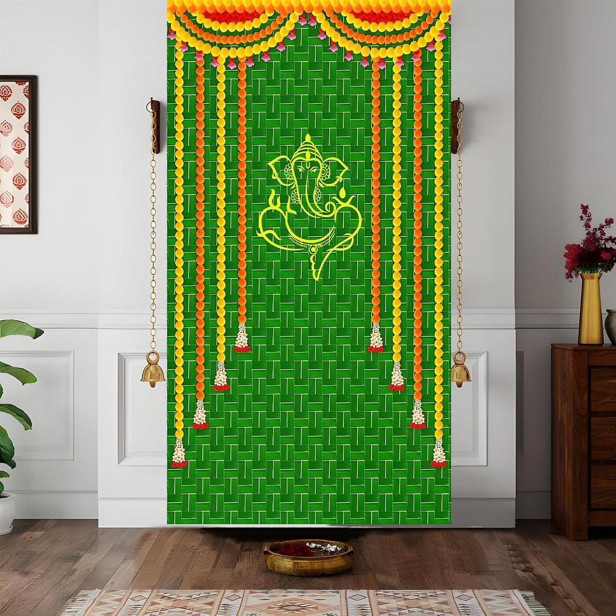 PANCA Decoration Cloth – 1 Pc Pooja Decoration Background for Ganpati, Janmashtami, Varalakshmi, Home Temple Festival Setup (Coconut Ganesh Design)