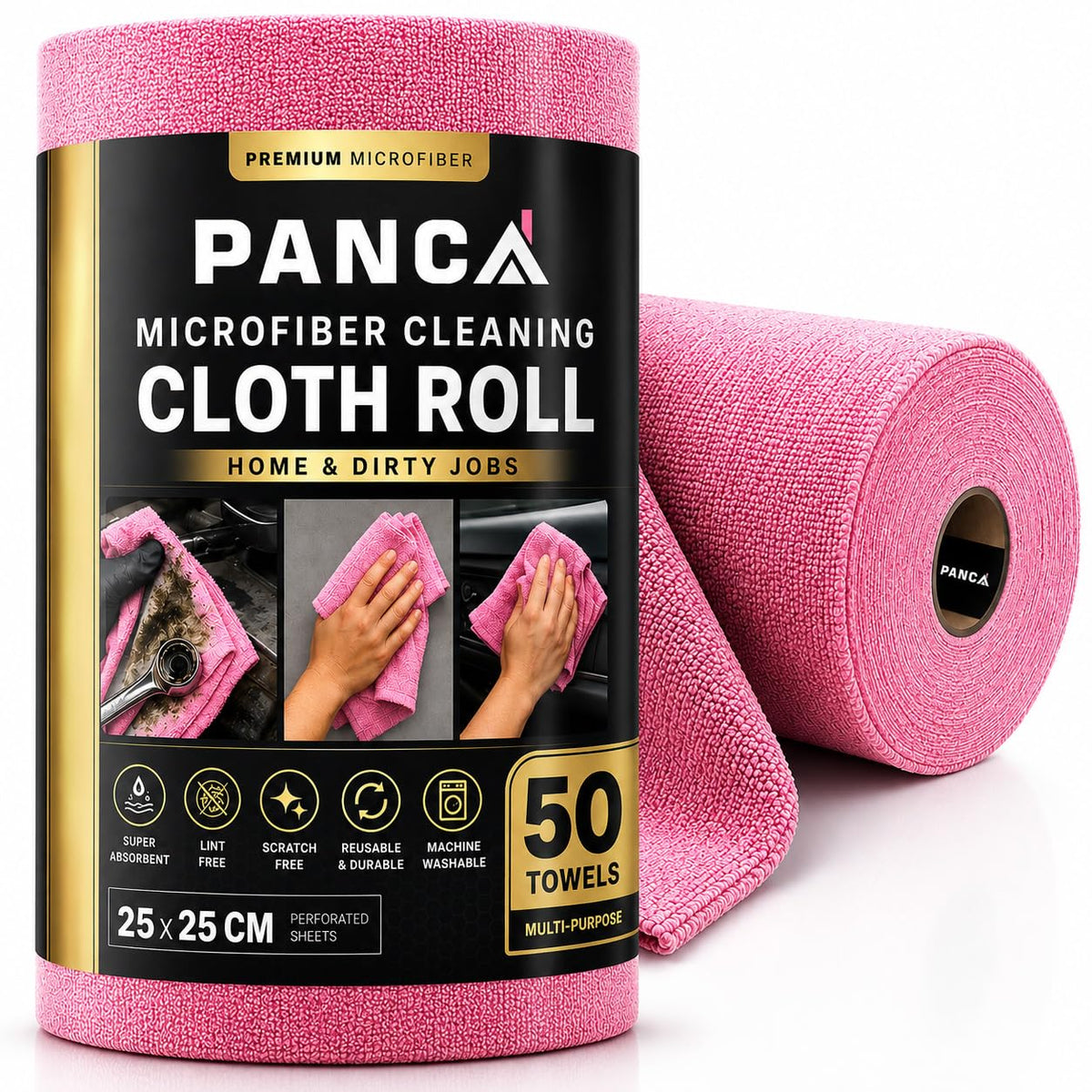 PANCA Microfiber Cleaning Cloth Roll, 50Pcs, 4000 Times Washable - 10X More Reusable Than Paper Kitchen Towel Roll - Ultra Absorbent Lint Free Microfiber Cleaning Cloth for Kitchen, Home &amp; Car (Pink)