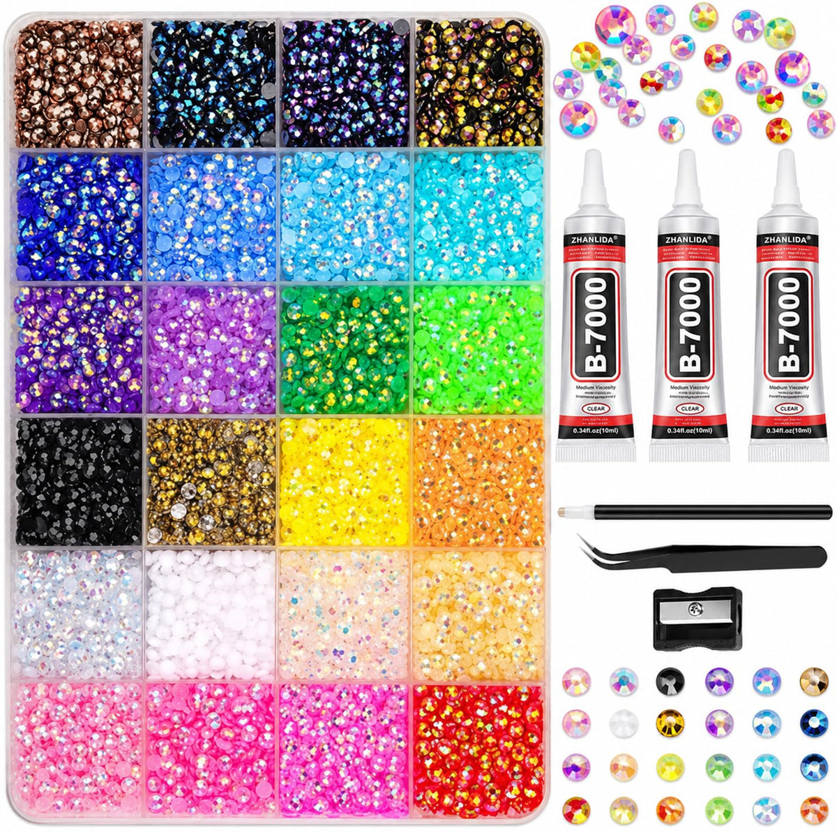 24000Pcs Resin Jelly Rhinestones for Bedazzling Kit, 24 Colors 3mm AB Flatback Crystal Gems with 3 x 10ml B7000 Glue, Tweezers, Pickup Pen &amp; Sharpener for DIY Crafts, Nail Art, Tumbler, Phone Case &amp; Diamond Art