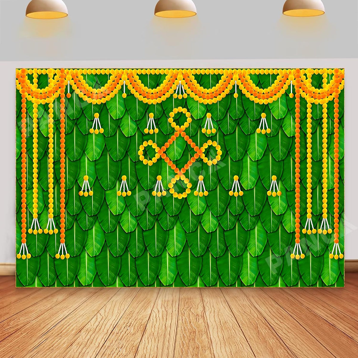 PANCA Flower with Banana Leaf Backdrop Cloth 8 ft* 5ft for Pooja Decoration Traditional, Background Decoration Cloth for All Festivals Ganpati, Janmashtami, Diwali Pooja Curtain Cloth (Pack of 1)